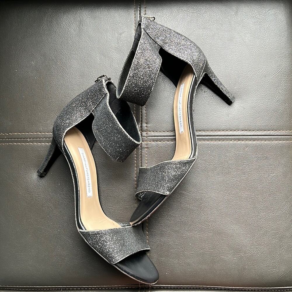 Diane von Furstenberg | Black Gunmetal Iridescent Ankle Strap Evening Shoes 6
